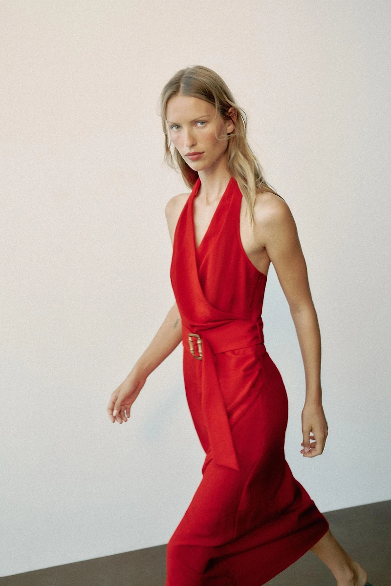 BELTED WRAP MIDI DRESS