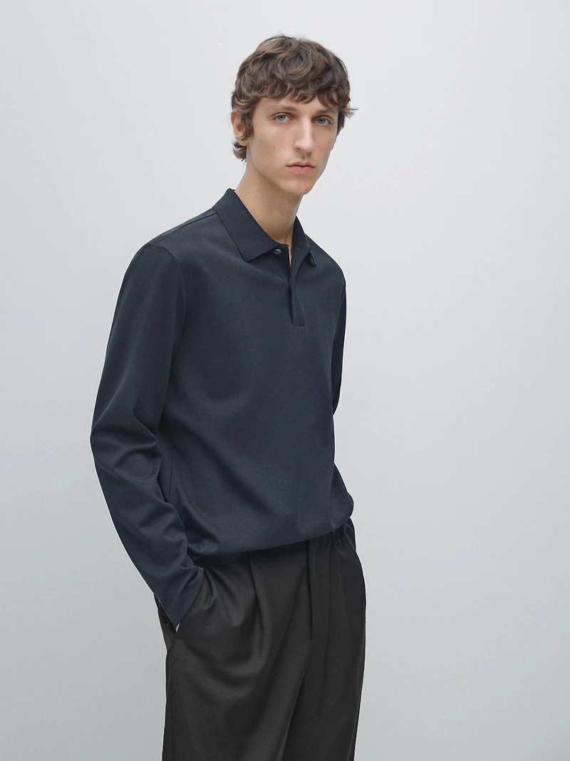 Long sleeve polo shirt with ribbed detail