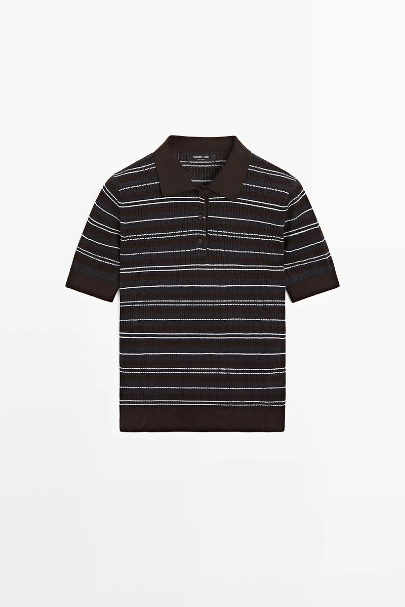 Cotton blend striped open-knit polo shirt