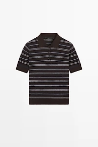 Cotton blend striped open-knit polo shirt
