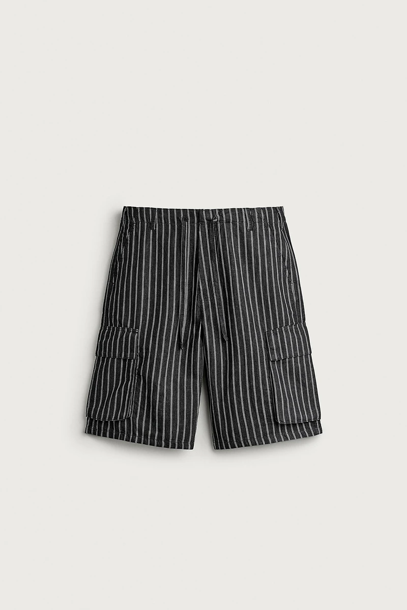 STRIPED COTTON-LINEN DENIM CARGO SHORTS