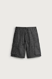 STRIPED COTTON-LINEN DENIM CARGO SHORTS