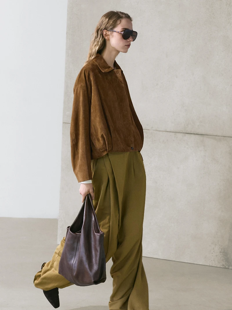 Blouson bomber court cuir daim