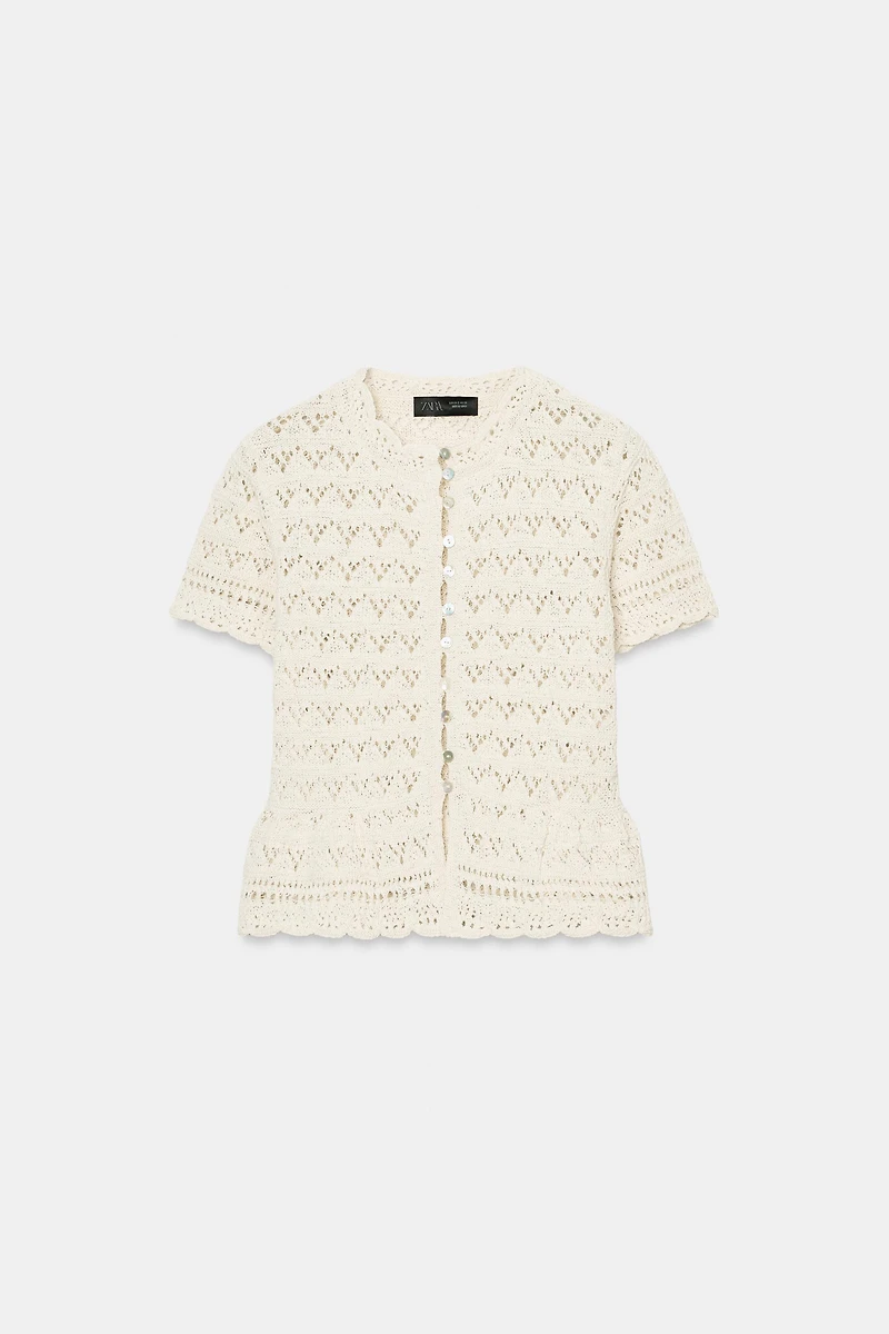SHORT SLEEVE POINTELLE CARDIGAN
