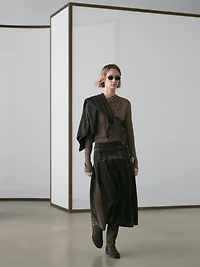 Flocked denim midi skirt with box pleats