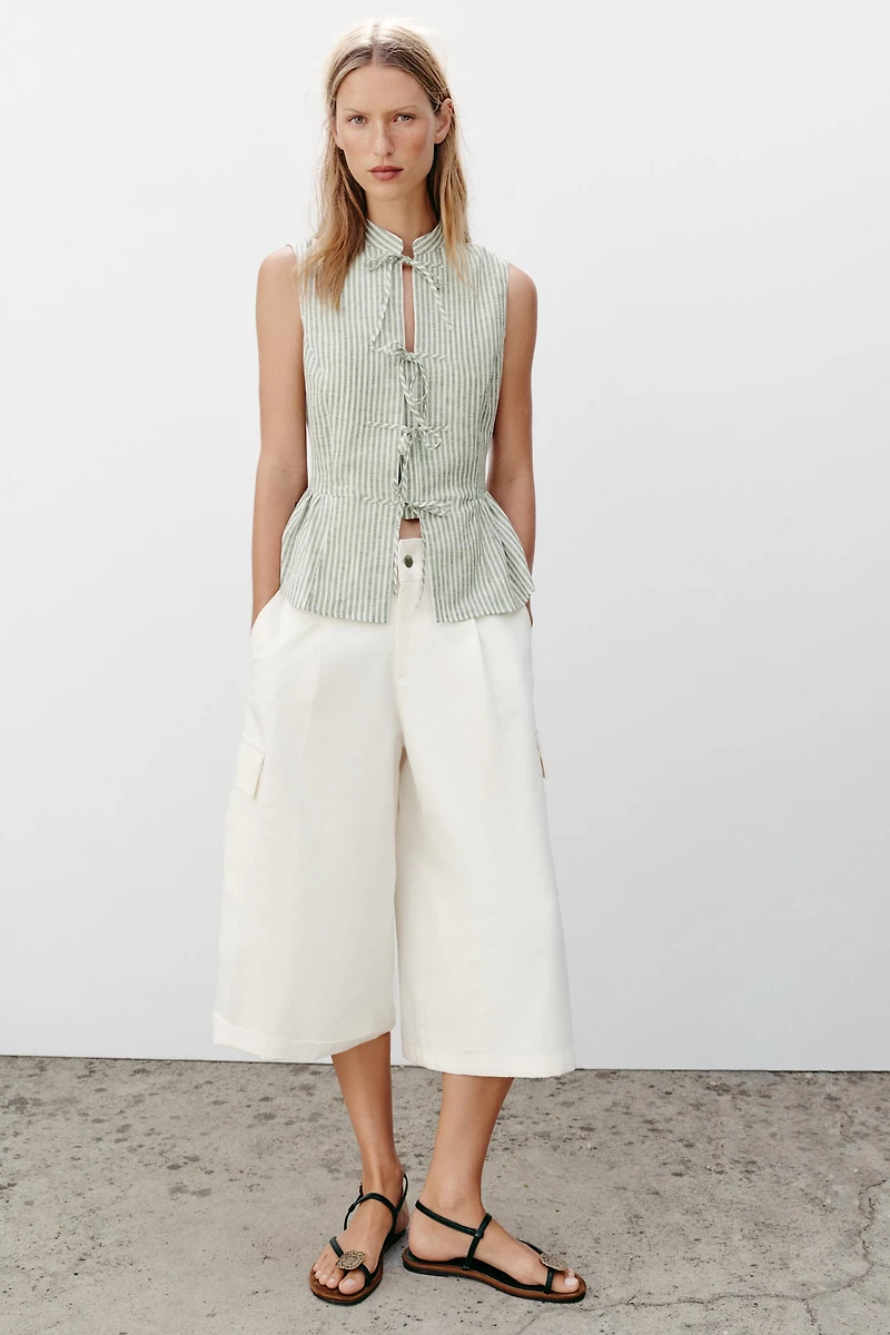 STRIPED METALLIC THREAD TIE TOP