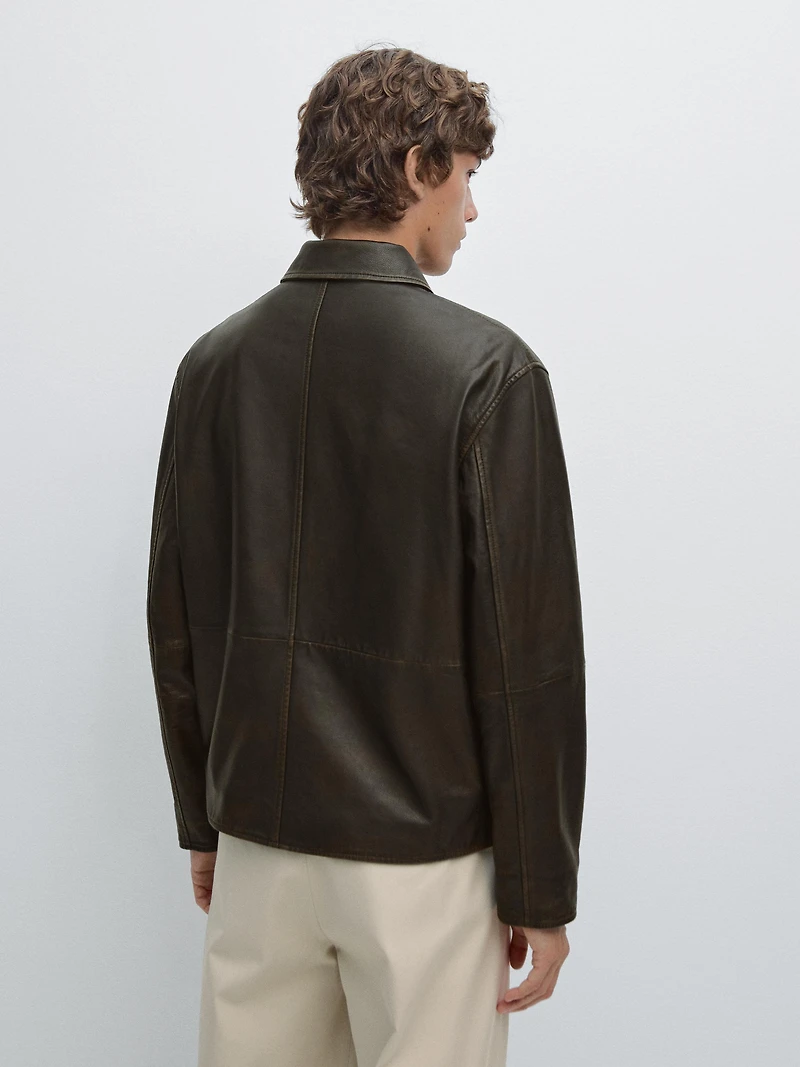Distressed effect short nappa leather jacket
