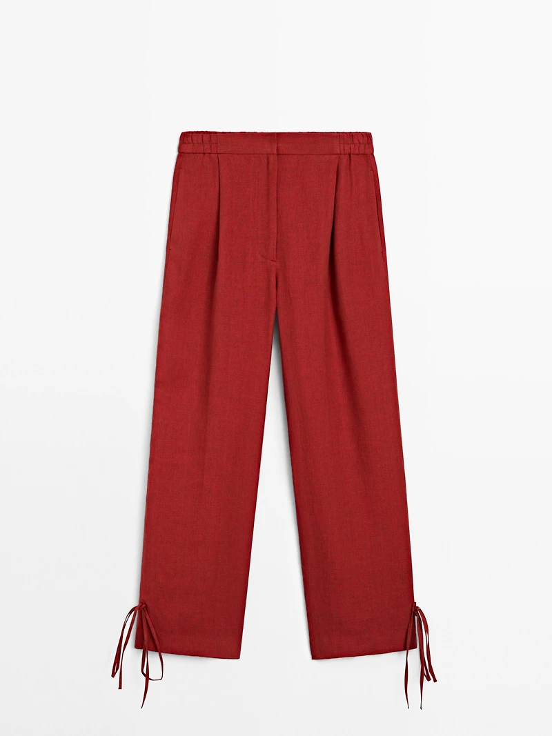 100% linen trousers with bow detail