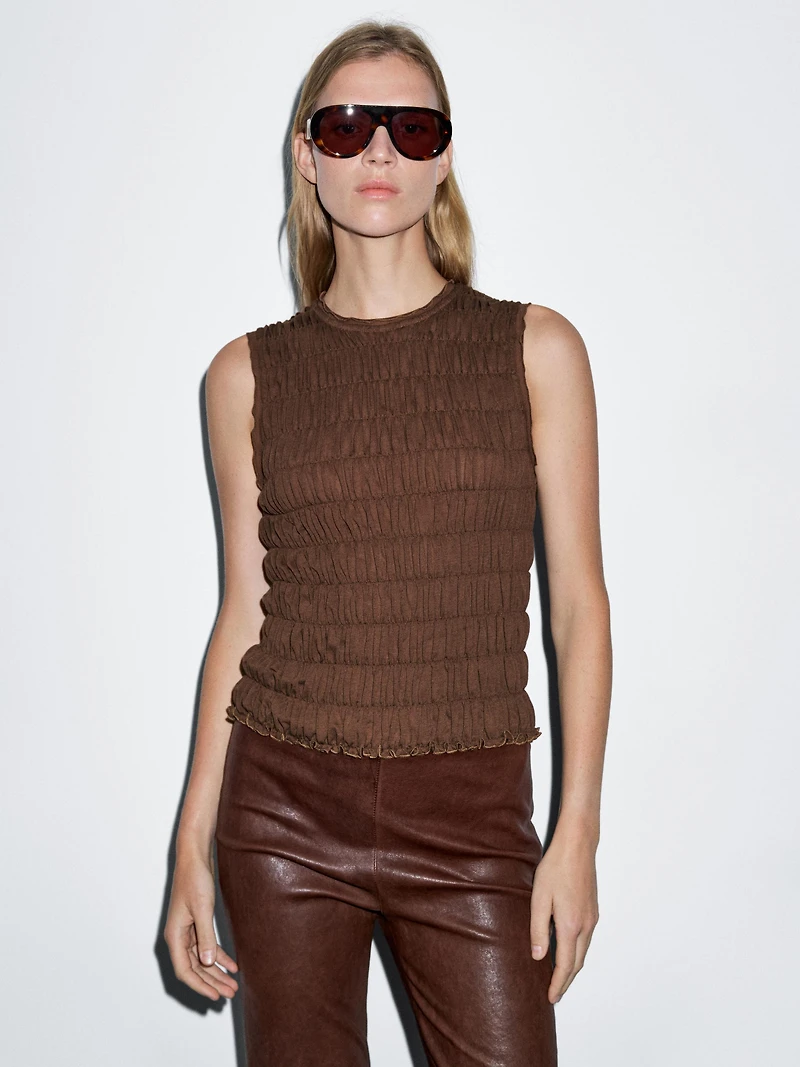 Gathered cotton blend top