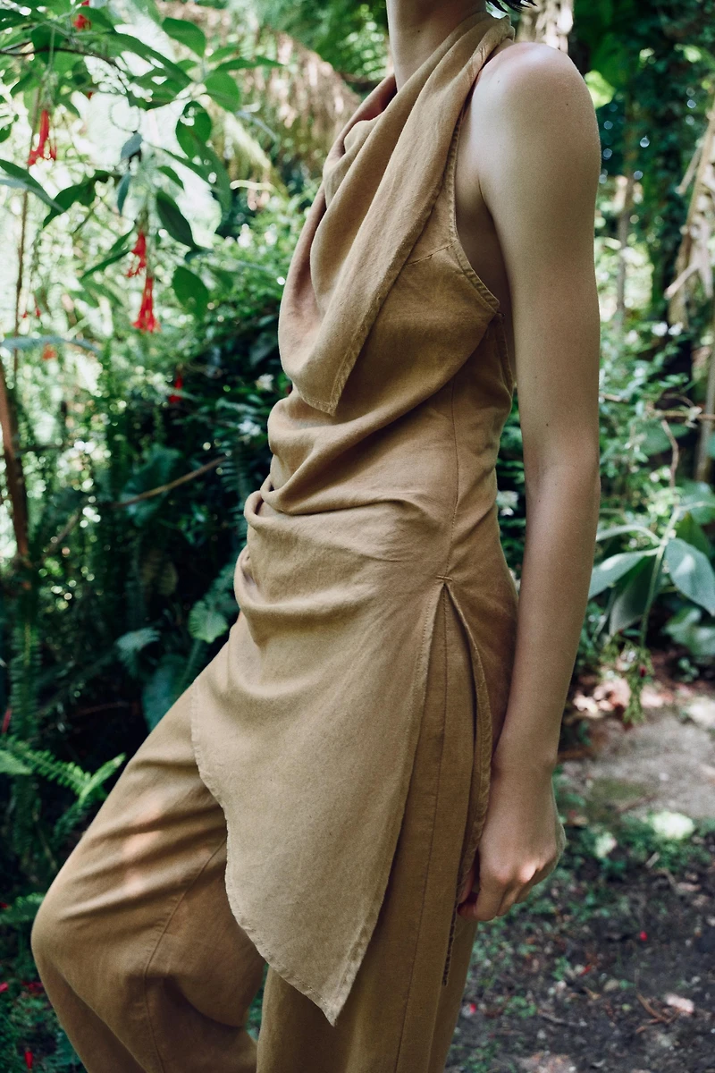 ASYMMETRIC LINEN HALTER TOP