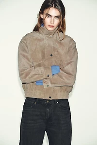 100% SUEDE LEATHER HIGH COLLAR JACKET