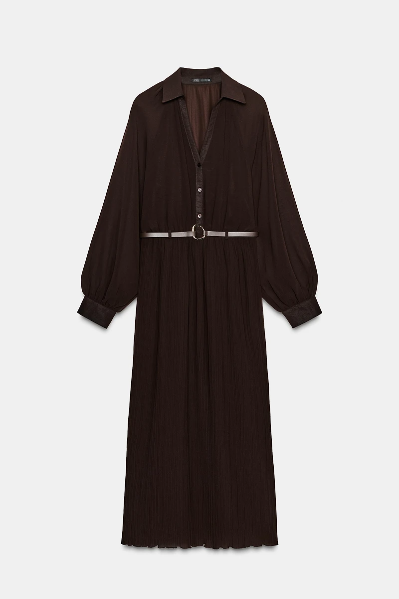 PLEATED BELTED MIDI DRESS