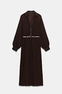 PLEATED BELTED MIDI DRESS