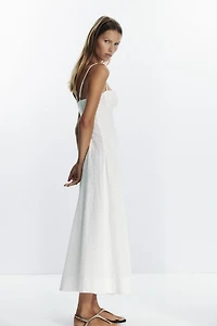EMBROIDERED EYELET CORSET MIDI DRESS