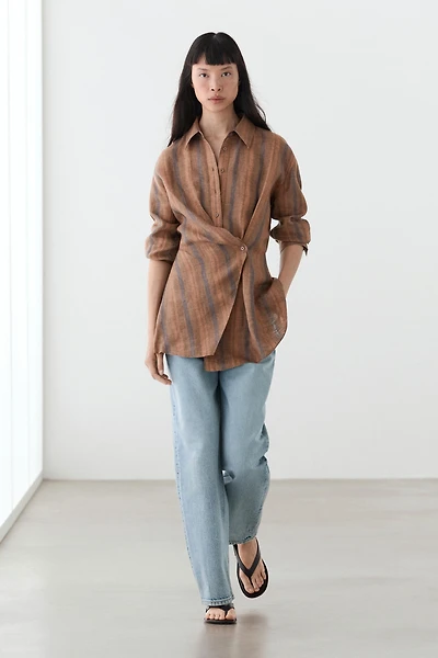 100% linen striped crossover shirt