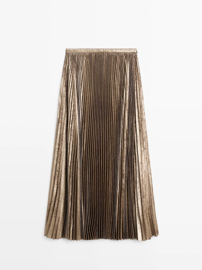 Pleated metallic-effect midi skirt