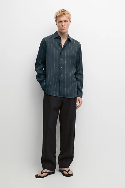 Regular fit striped 100% linen shirt