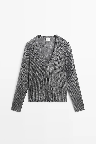 Pull maille métallisée col en V - STUDIO