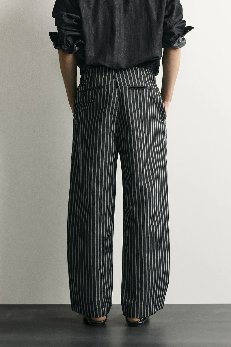 STRIPED COTTON-LINEN DENIM PANTS