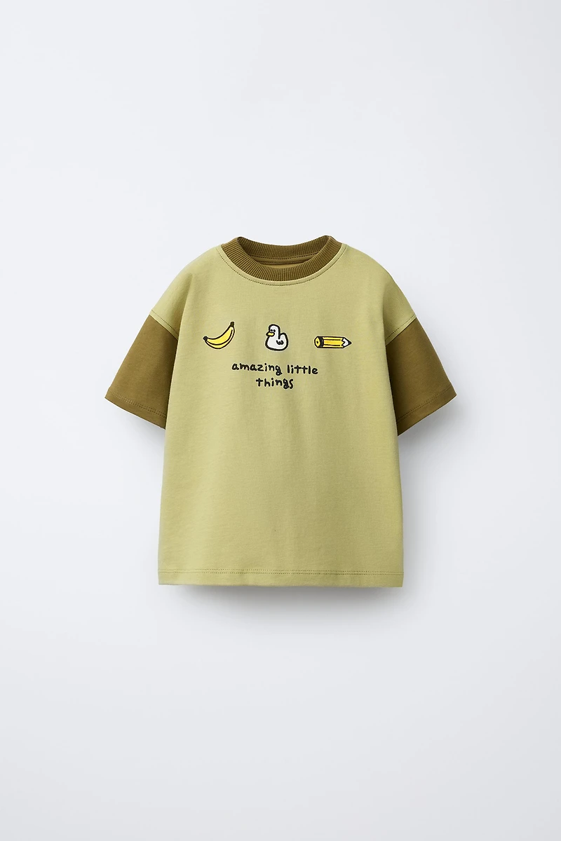 CONTRASTING SLEEVE PRINTED T-SHIRT