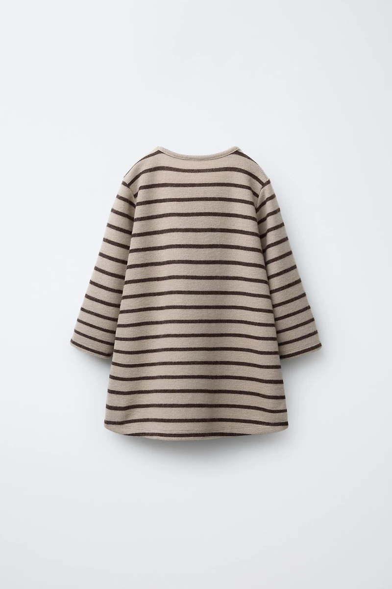 SOFT TOUCH STRIPED DRESS WITH RUFFLED APPLIQUÉ