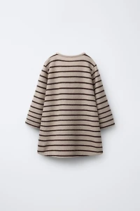 SOFT TOUCH STRIPED DRESS WITH RUFFLED APPLIQUÉ