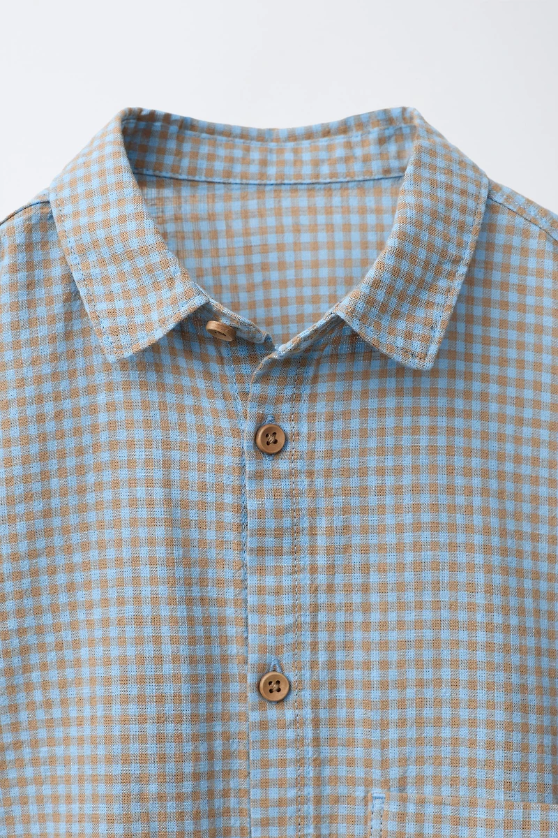 GINGHAM PRINT COTTON LINEN SHIRT