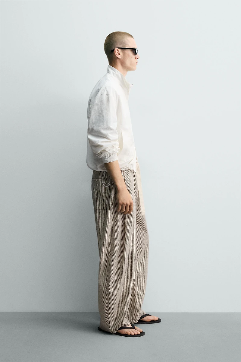 STRIPED WIDE FIT BELTED PANTS