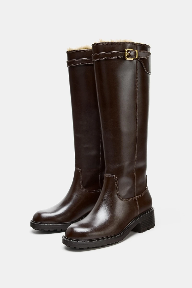 BUCKLED WATER REPELLENT LEATHER BOOTS