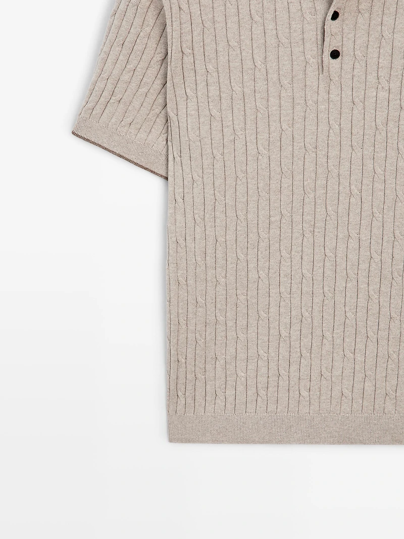 Cotton blend cable-knit polo sweater