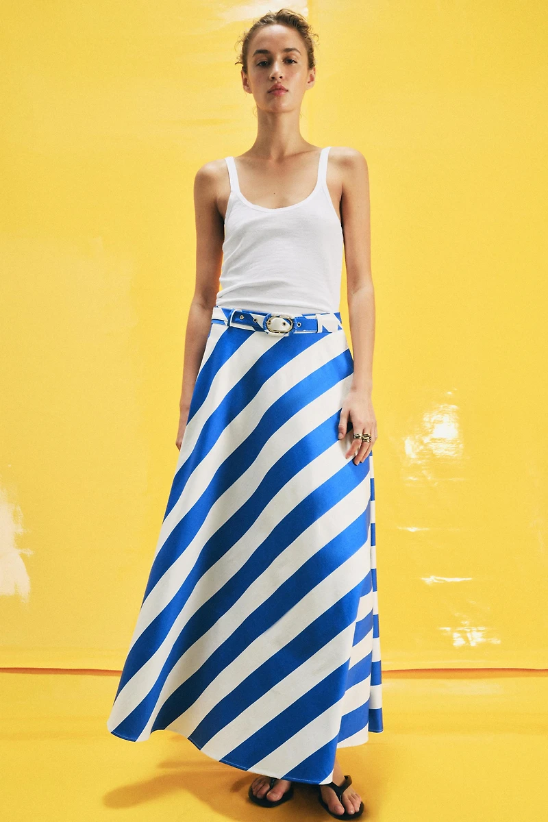 STRIPED MIDI SKIRT WITH BELT