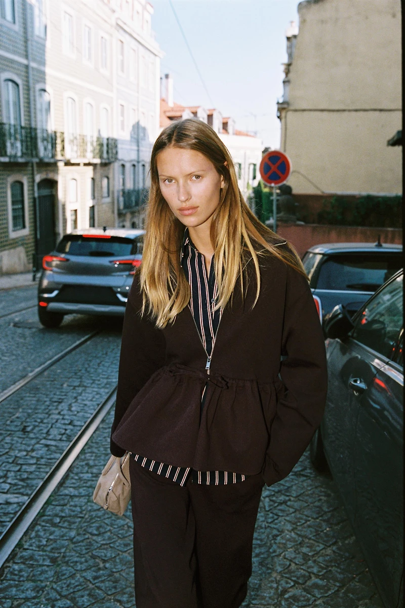 CONTRASTING PEPLUM BOMBER JACKET