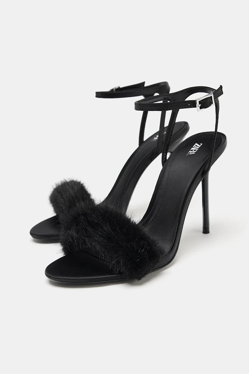 FAUX FUR STRAP HEELED SANDALS