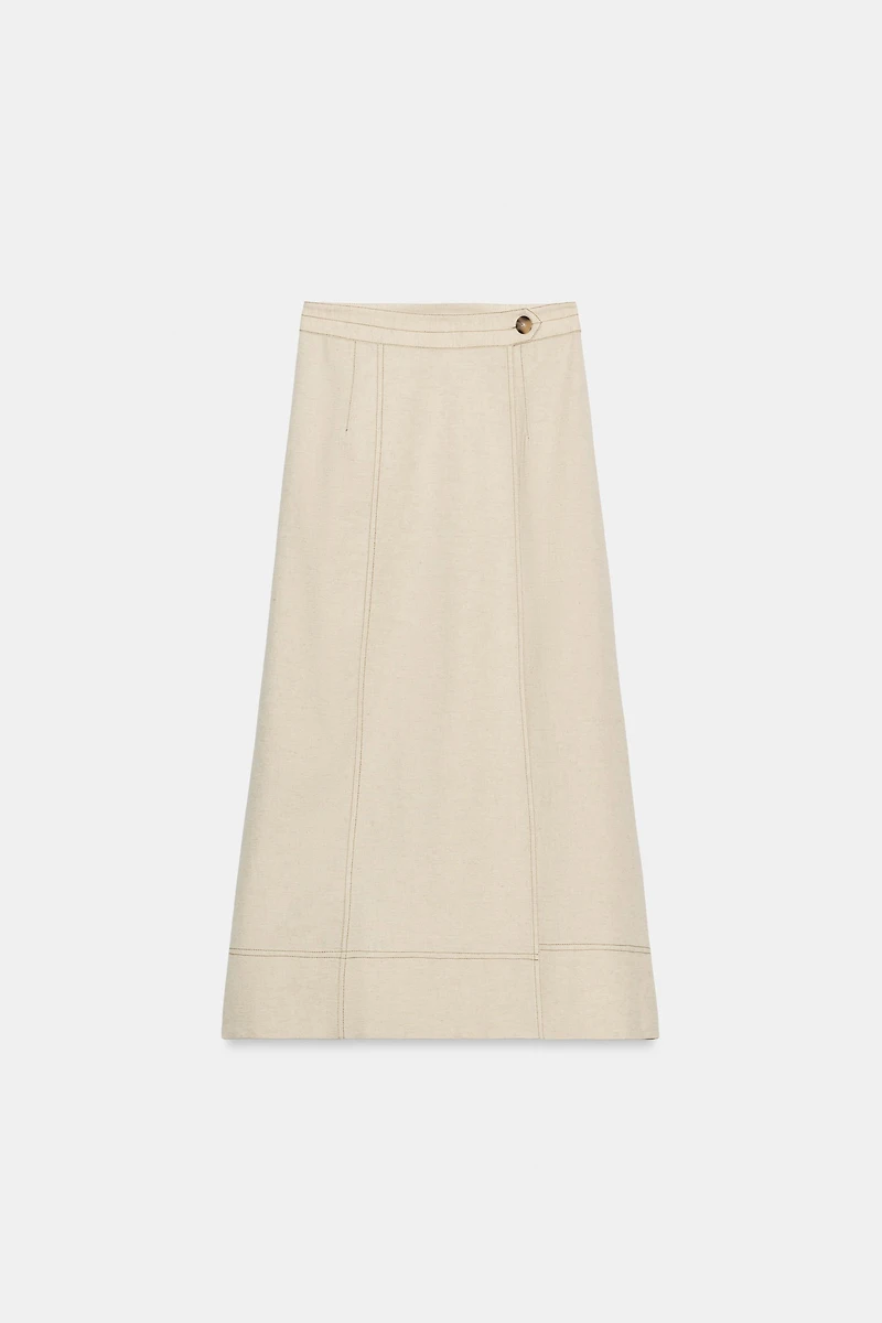 LINEN BLEND WRAP MIDI SKIRT