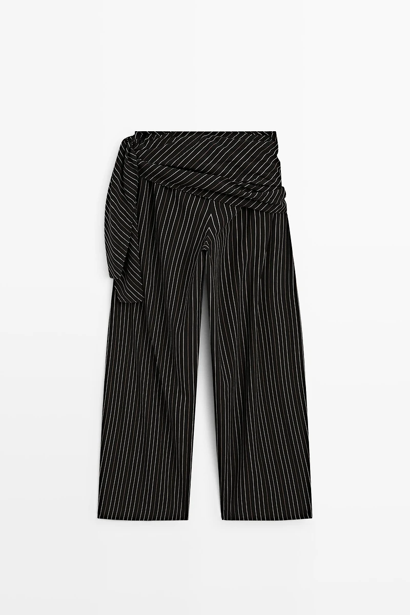 Striped barrel fit pants with scarf detail