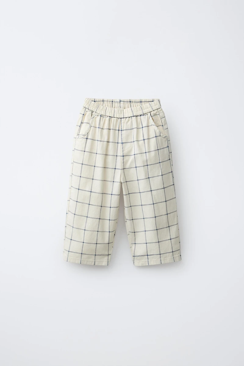 PANTALON BAGGY À CARREAUX AVEC COTON ET LIN