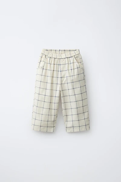 COTTON LINEN BLEND PLAID BAGGY PANTS