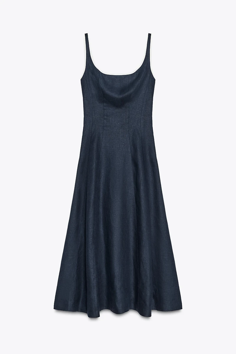 CONTRAST PIPING LINEN MIDI DRESS