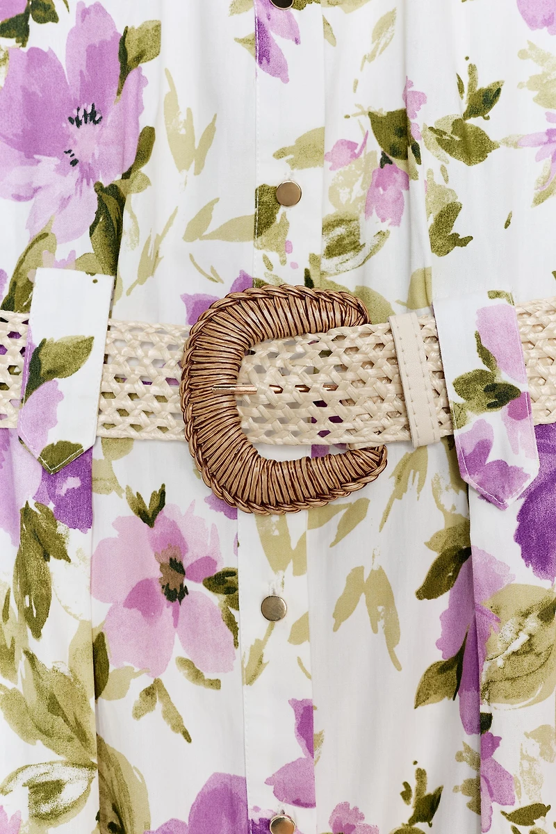 FLORAL PRINT BELTED MIDI DRESS
