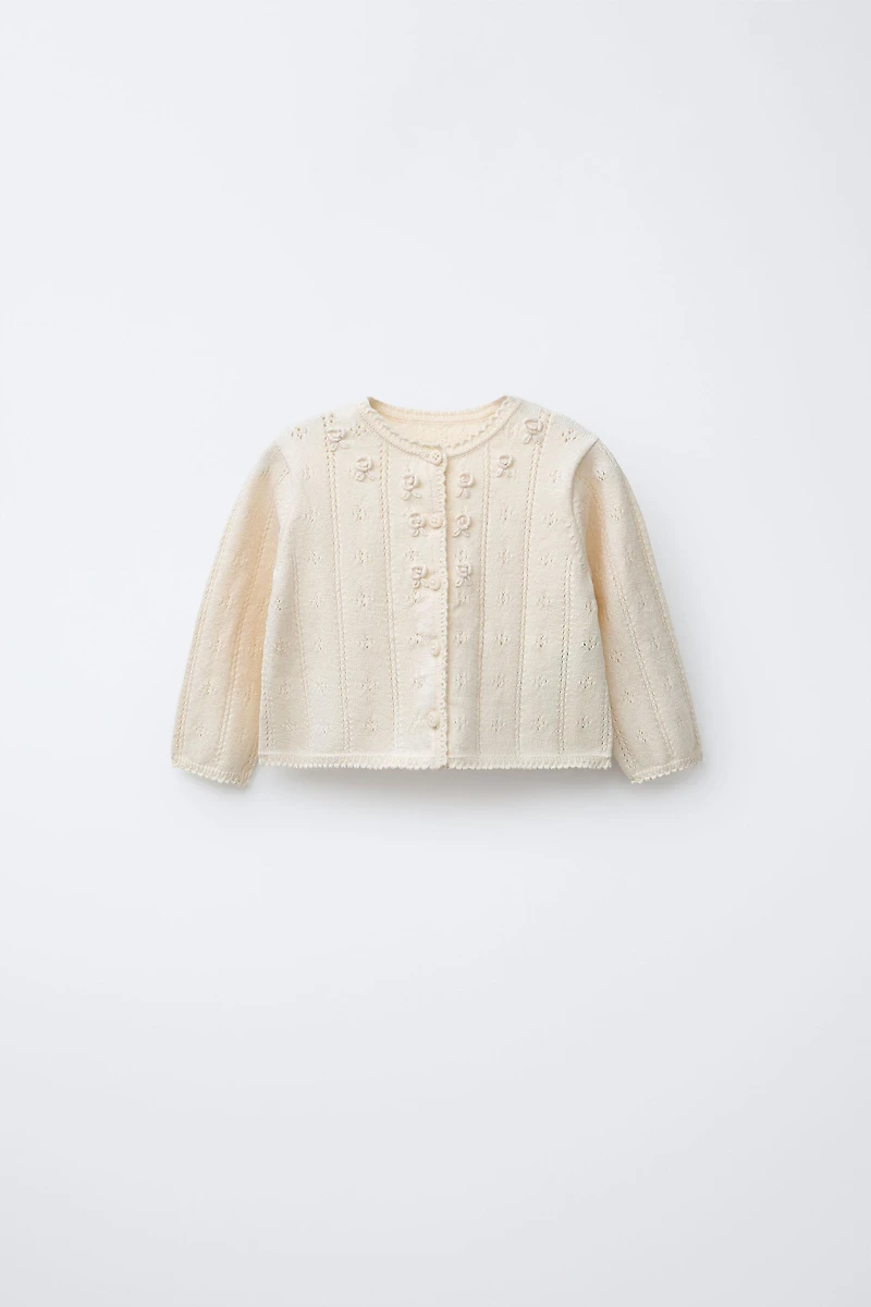 OPENWORK AND EMBROIDERED KNIT CARDIGAN