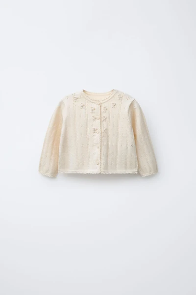 OPENWORK AND EMBROIDERED KNIT CARDIGAN