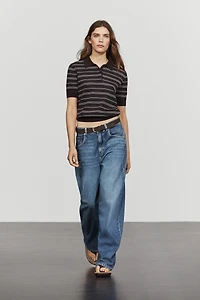 Cotton blend striped open-knit polo shirt