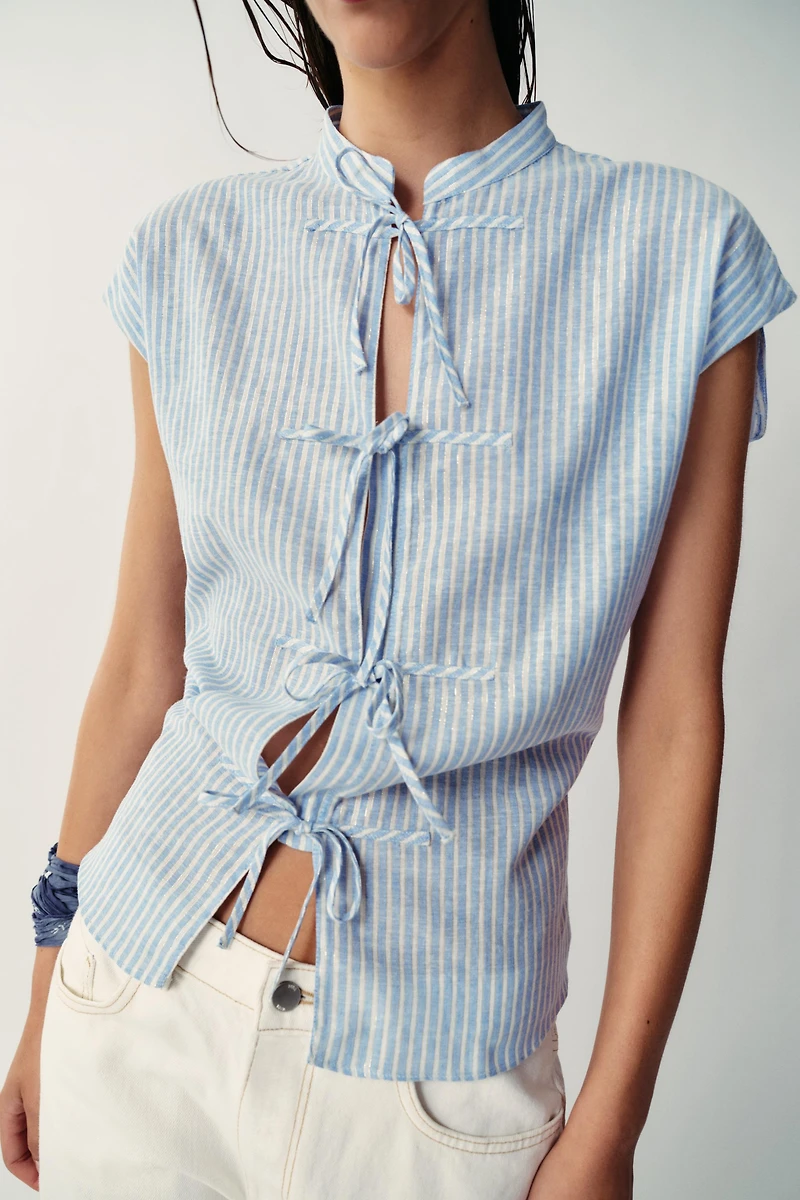 METALLIC THREAD STRIPED TIE BLOUSE