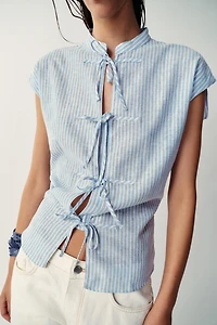 METALLIC THREAD STRIPED TIE BLOUSE