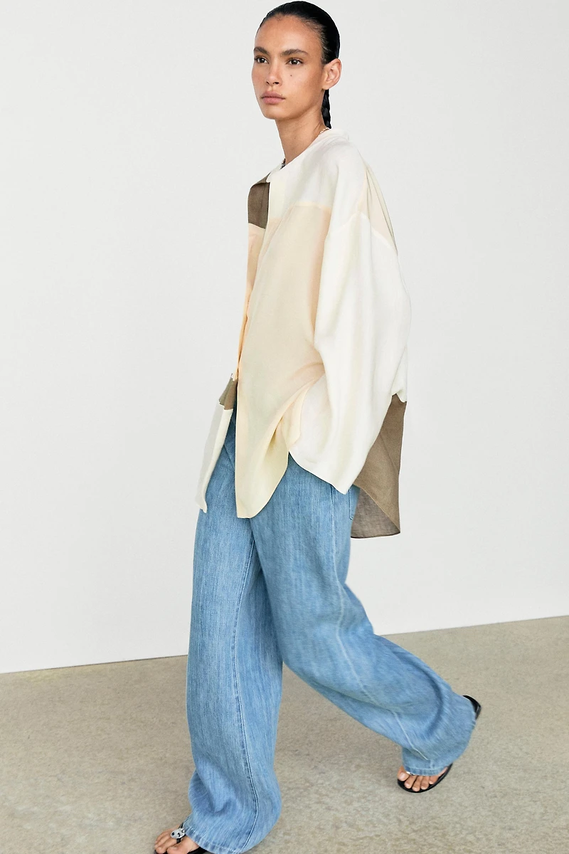 Flowing patchwork shirt with stand-up collar