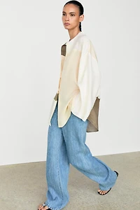 Flowing patchwork shirt with stand-up collar