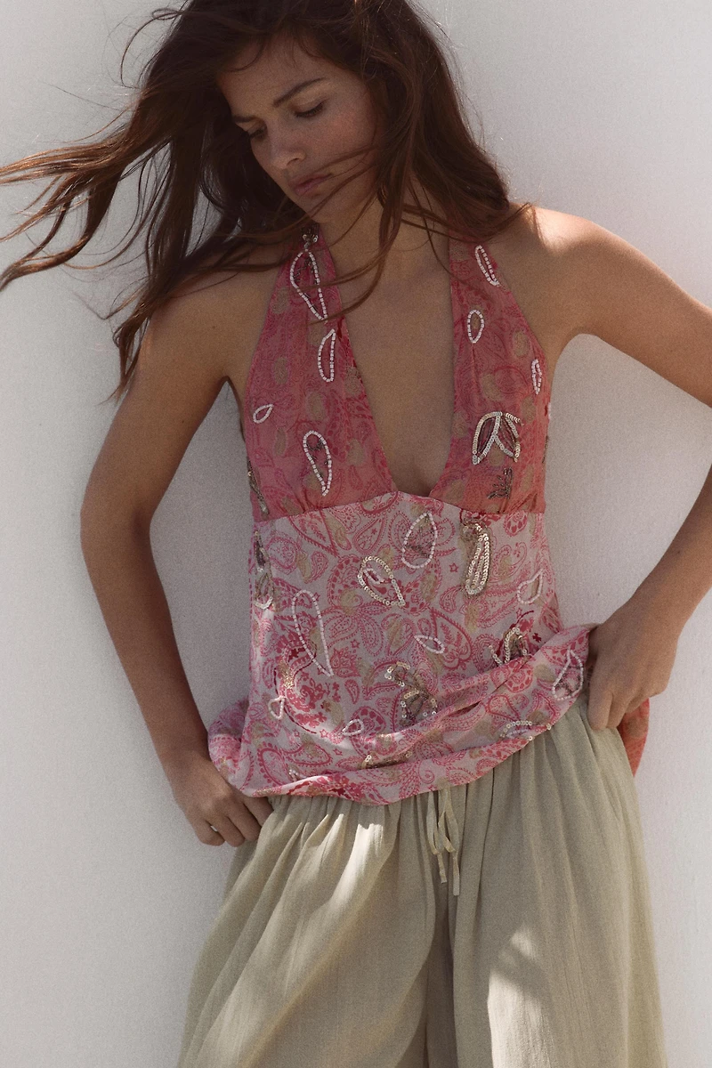 BEADED PRINTED GEORGETTE HALTER TOP