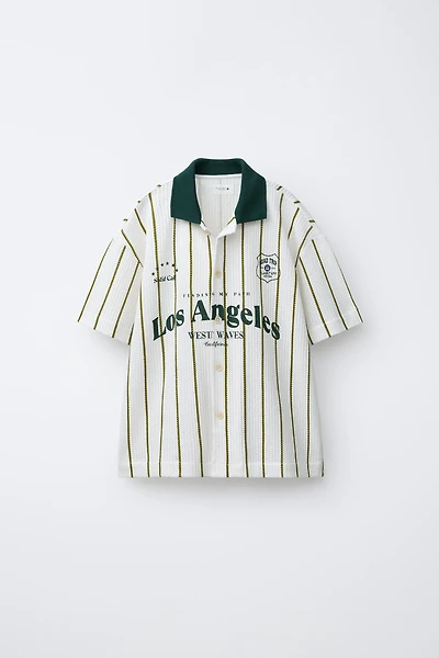 STRIPED TEXT KNIT SHIRT