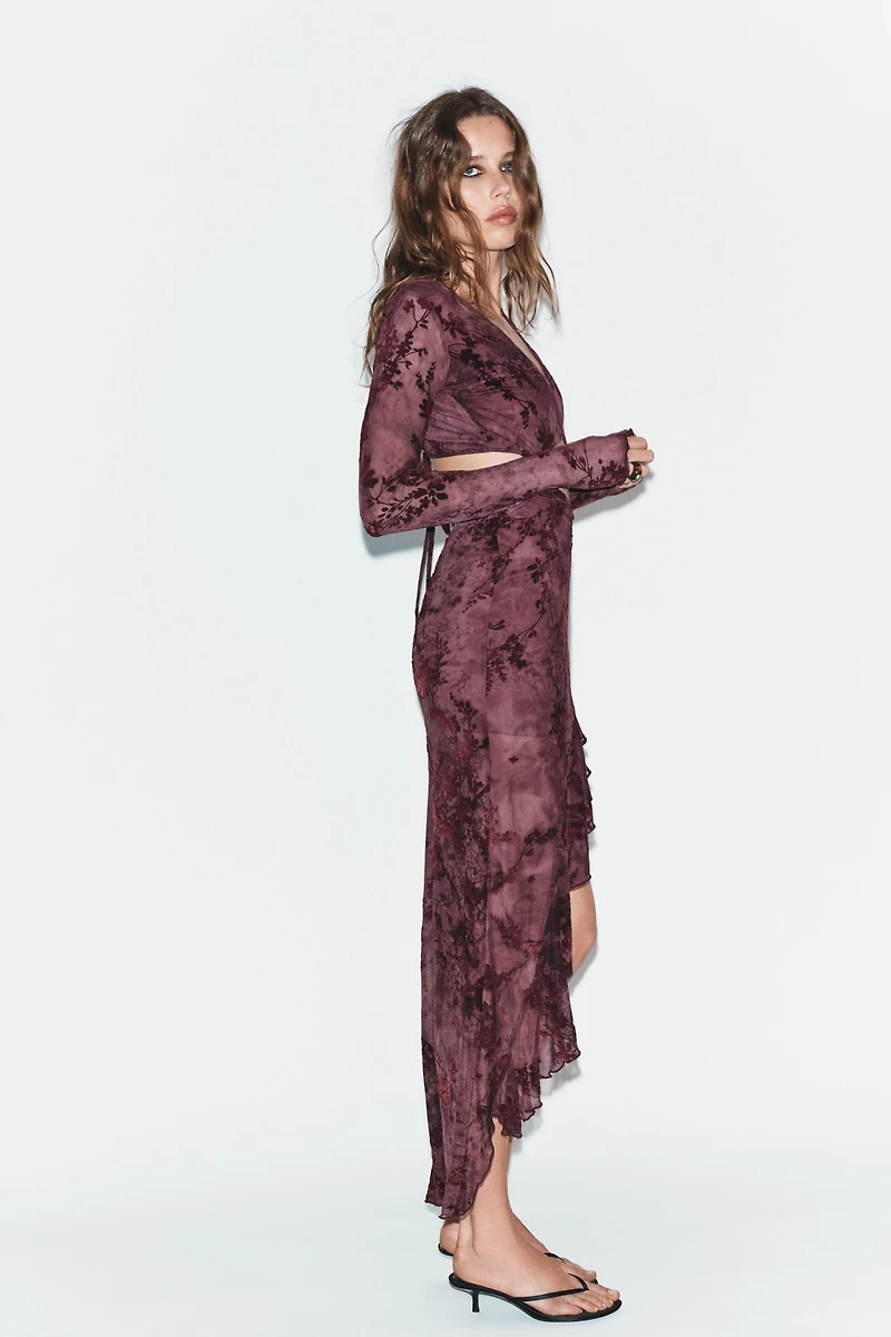 ASYMMETRIC FLOCKED TULLE CUT OUT DRESS