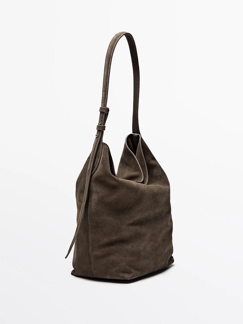 Split suede leather bucket bag